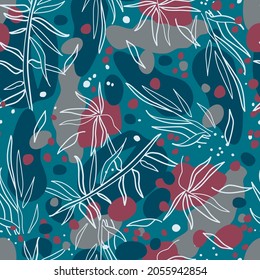 Patrón abstracto sin inconvenientes. Incluye hojas lineales blancas, puntos y puntos de color. Gris, turquesa y crimson. Diseño moderno para papel, cubierta, tela, decoración interior y otros usuarios. Vector.