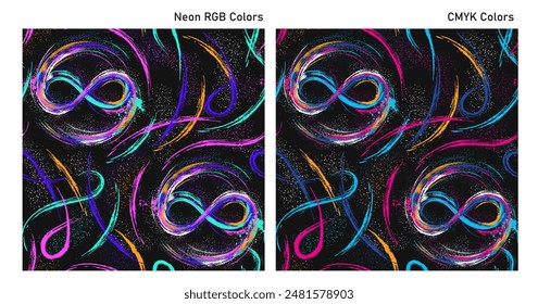 Seamless abstract pattern with infinity sign drawn with neon paint, splatter smudge paint. Two color scheme, CMYK, RGB. Grunge style.