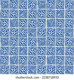 Seamless abstract pattern inspired by Matisse and cement tiles. Ideal for printing on textiles or decorating objects. Foliage, jungle, blue. Vector illustration.
