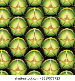 Seamless abstract pattern inspired by the texture of a pineapple skin, featuring vibrant green and yellow hues with geometric star-like shapes.