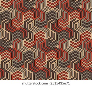 Seamless abstract pattern with interlocking notched geometric shapes on a hexagonal grid. Intricate design in brown, orange, beige, and green. Modern ethnic style. Vector illustration. 