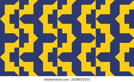 seamless abstract pattern of interlocking yellow steps on a contrasting blue field. This energetic, contemporary design adds a sense of motion and rhythm, great for visual branding or prints