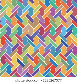Seamless abstract pattern with intersecting diamond shape multicolored lines. Yellow, purple, and orange rectangular geometric elements on a white background. Graphic textile texture. Surface design.