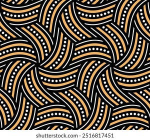 Seamless abstract pattern with an intricate design of striped curved elements. Geometric composition of vortexes, swirls, and whirls. Thin and thick lines in white,  yellow, and black. Ethnic style. 