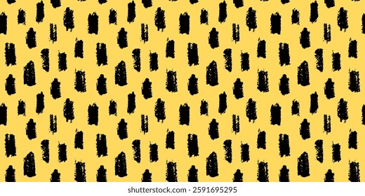 Seamless abstract pattern with irregular black brush strokes on a yellow background. Modern artistic texture for fabric, wallpaper, branding, and creative projects. Trendy and bold hand drawn design.