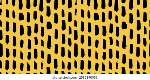 Seamless abstract pattern with irregular black brush strokes on a yellow background. Modern artistic texture for fabric, wallpaper, branding, and creative projects. Trendy and bold hand drawn design.