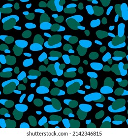 Seamless abstract pattern with irregular circle shapes on black background. Decorative texture. Vector illustration