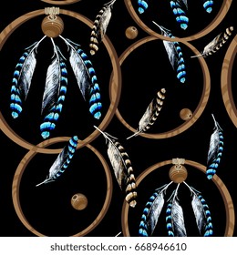 Seamless abstract pattern with jay bird feathers, wooden beads and tribal new age nature motifs. Hand drawn art.