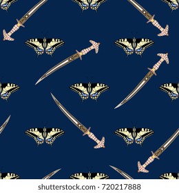 Seamless abstract pattern with jeweled oriental daggers and machaon butterflies.