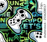 Seamless abstract pattern with joystick game and graffiti words. Bright colorful  vector Print for boys.