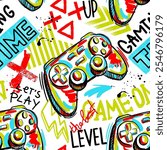 Seamless abstract pattern with joystick game and graffiti words. Bright colorful  vector Print for boys.