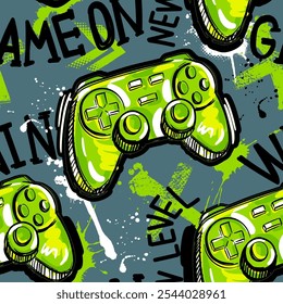 Seamless abstract pattern with joystick game and graffiti words. Bright colourful  vector Print for boys.