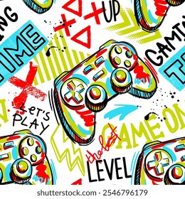 Seamless abstract pattern with joystick game and graffiti words. Bright colorful  vector Print for boys.