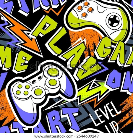 Seamless abstract pattern with joystick game and graffiti words. Bright neon colorful  vector Print for boys.