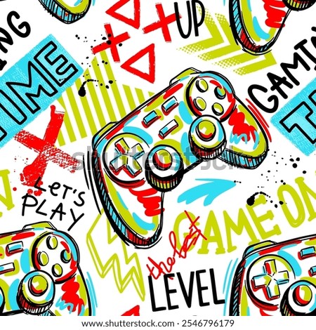 Seamless abstract pattern with joystick game and graffiti words. Bright colorful  vector Print for boys.