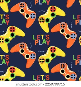 Seamless abstract pattern with joystick. Player seamless pattern with orange and yellow gamepad sign.