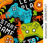 Seamless abstract pattern with joysticks game and words. Bright neon colorful vector Print for boys.