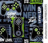 Seamless abstract pattern with joysticks game. Bright colorful vector Print for boys on black background