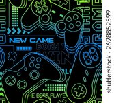 Seamless abstract pattern with joysticks game. Bright colorful vector Print for boys on black background