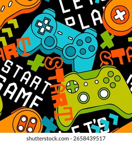 Padrão abstrato perfeito com joysticks jogo e palavras. Néon brilhante vetor colorido Impressão para meninos.