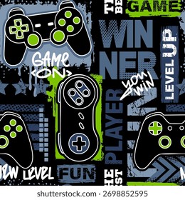 Seamless abstract pattern with joysticks game. Bright colorful vector Print for boys on black background
