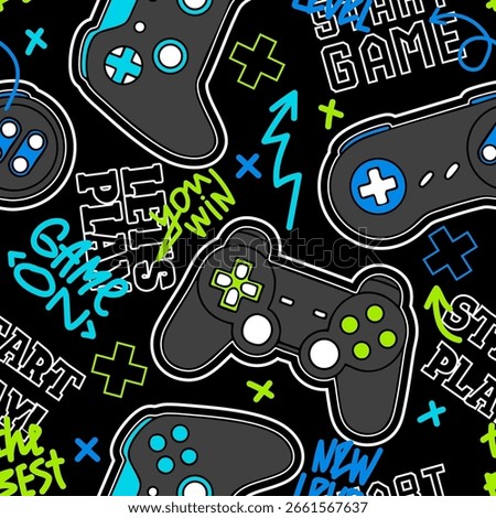 Seamless abstract pattern with joysticks game and words. Bright colorful vector Print for boys on black background
