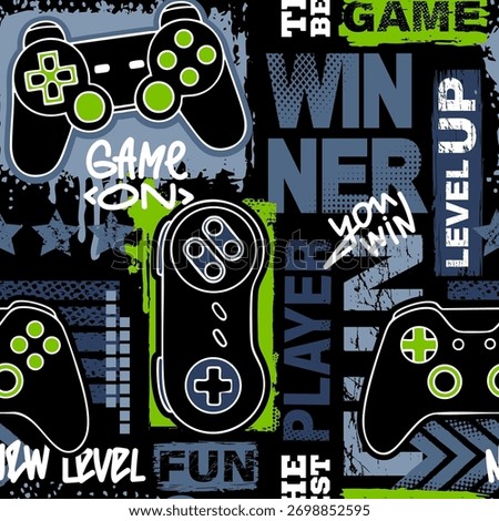 Seamless abstract pattern with joysticks game. Bright colorful vector Print for boys on black background