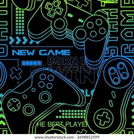 Seamless abstract pattern with joysticks game. Bright colorful vector Print for boys on black background