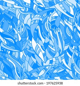 Seamless abstract pattern "jungle." Hippie pattern. Blue monochrome, painted by hand. Vector. 