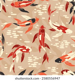 Seamless abstract pattern with koi carps. Design for card, fabric, print, greeting, cloth, poster, clothes, textile.