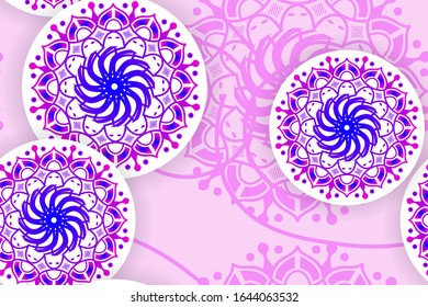 Patrón abstracto sin inconvenientes con círculos de encaje, colores festivos brillantes, fondo azul claro, gráficos. Ilustración vectorial, se puede utilizar para tejidos, papel pintado y papel envolvente.