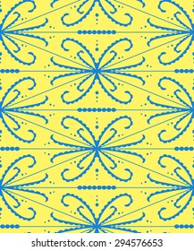 Seamless abstract pattern with lacy shapes. Yellow and blue vector illustration.