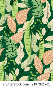 

Patrón abstracto sin foco con hojas, bayas de plantas tropicales sobre un fondo verde oscuro. Impresión botánica vertical de moda en tonos rosa pastel verde claro y luminoso. Ilustración del vector abstracto.