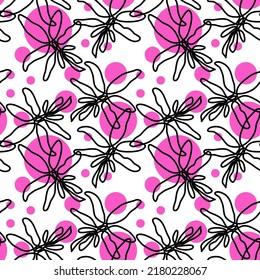 Seamless abstract pattern. Leaves, circles, dots. Pink, black, white. Line art. Vector. Designs for textile fabrics, wrapping paper, background, wallpaper, cover.