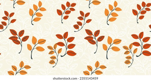 Seamless abstract pattern of leaves. Doodle leaf and line of leaves. Cute leaves scattered randomly on a light background. Vector small leaves hand drawn sketch. Template for textile, fashion, print