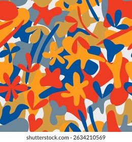 Seamless abstract pattern with leaves and flowers in blue, orange and red colors. Could be used as texture, print, wallpaper, card. 
