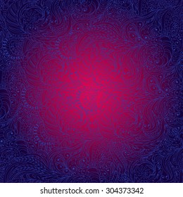 Seamless abstract pattern of leaves, flowers, birds and fish. Blue and violet colors. Vintage. Background. Vector illustration.