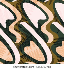 Seamless abstract pattern with leaves and shapes.