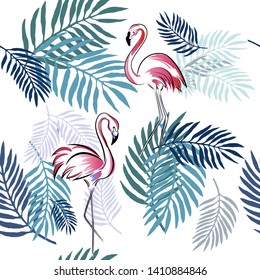 Seamless abstract pattern light blue vector design with palm tree leaves and contours of pink flamingos. Palm leaves with gradient. Printing on fabric, textiles, wallpaper, paper.