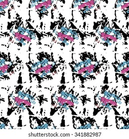 Seamless abstract pattern with lilac, blue and black elements on white background