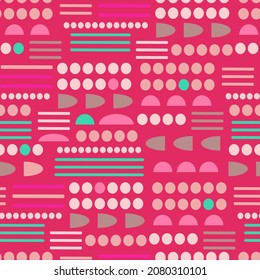 Seamless abstract pattern with lines and circle shapes in red and pink colors. Green and beige circles  on juicy bordo background for textile and wrapping paper.