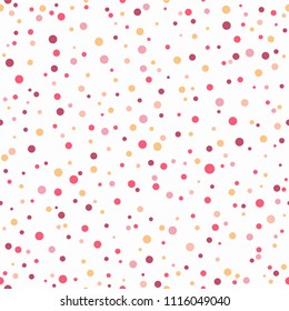 Seamless abstract pattern of little red and orange circles and dots on white background.  Kaleidoscope background. Bright wallpaper, good for printing. Summer Vector illustration.