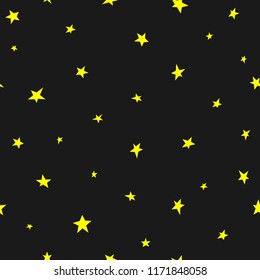 Seamless abstract pattern with little shabby sharp yellow stars on black background. Vector Halloween illustration. Magic sky. Stardust background. Black and gold. Constellation