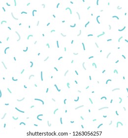 Seamless abstract pattern of little  shabby scratches or spots on white. Memphis style. Grained surface. Vector texture with colorful confetti particles of debris.  Vector ornament
