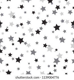 Seamless abstract pattern with little sharp black and grey stars on white background. Vector illustration. Magic sky. Stardust background. Black and white. Constellation