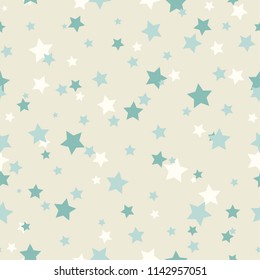 Seamless abstract pattern with little tiny stars of blue and green colors on beige background. fantasy. Childish wallpaper. Magic vector ornament. 