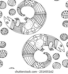 Seamless abstract pattern with lizard. White and black 2