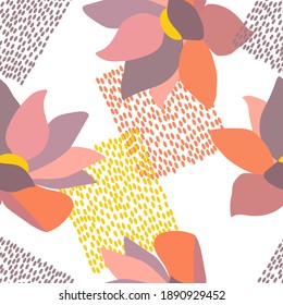 Seamless abstract pattern of lotus flowers and dots for fabrics, textiles, paper, packaging, curtains, pillows, bedspreads, bed linen. Vector illustration.