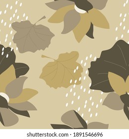 Nahtlose abstrakte Muster von Lotusblumen und -punkten mit beigem Hintergrund für Stoffe, Textilien, Papier, Verpackungen, Vorhänge, Kissen, Bettüberwürfe, Bettwäsche. Vektorgrafik.