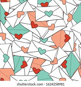 Seamless abstract pattern with love letters. Doodle Vector texture. Textile, wrapping paper, background, pattern, cover. St. Valentine's Day.